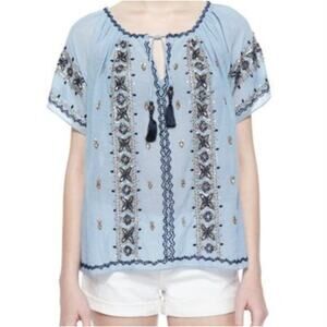CALYPSO ST. BARTH | Blue Gauze Beaded Boho Peasant Top Short Sleeve  Medium